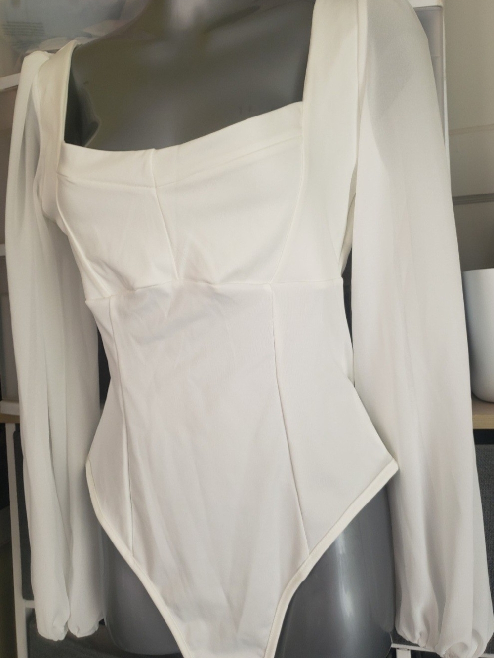 NWOT. White Long-Sleeve Square Neck Bodysuit W/Sheer Sleeves - Picture 3 of 3